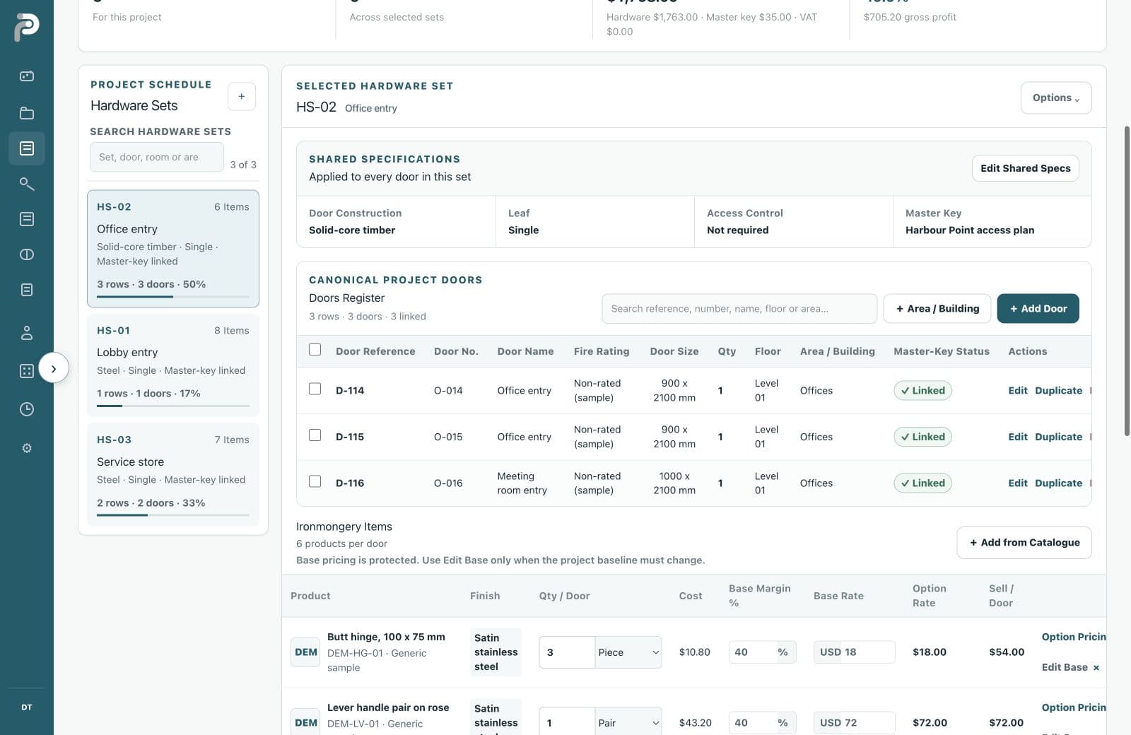 Current RP Specs Hardware Set Schedule for a fictional USD project