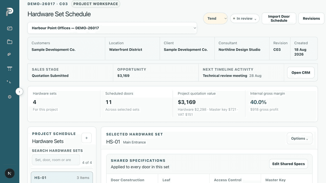 Sanitized RP Specs Hardware Set Schedule for a fictional USD project