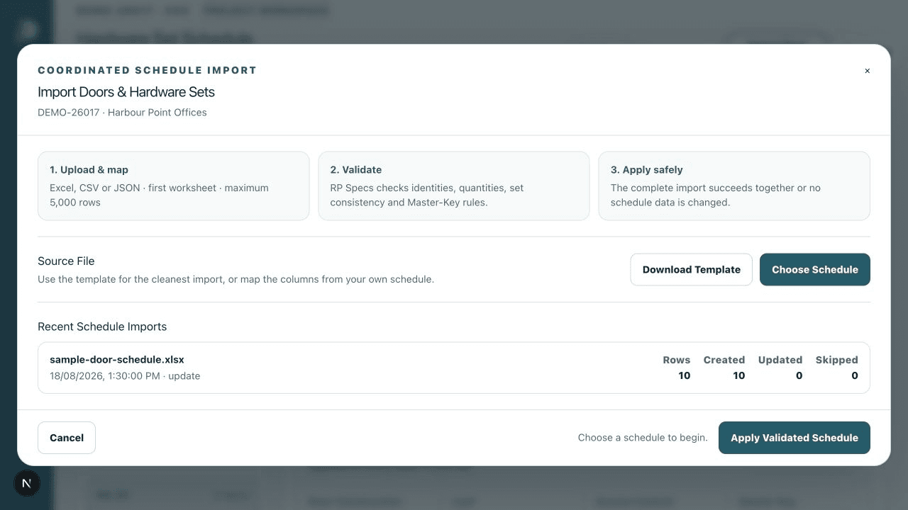 Sanitized RP Specs schedule import dialog with Upload and map, Validate and Apply safely overview