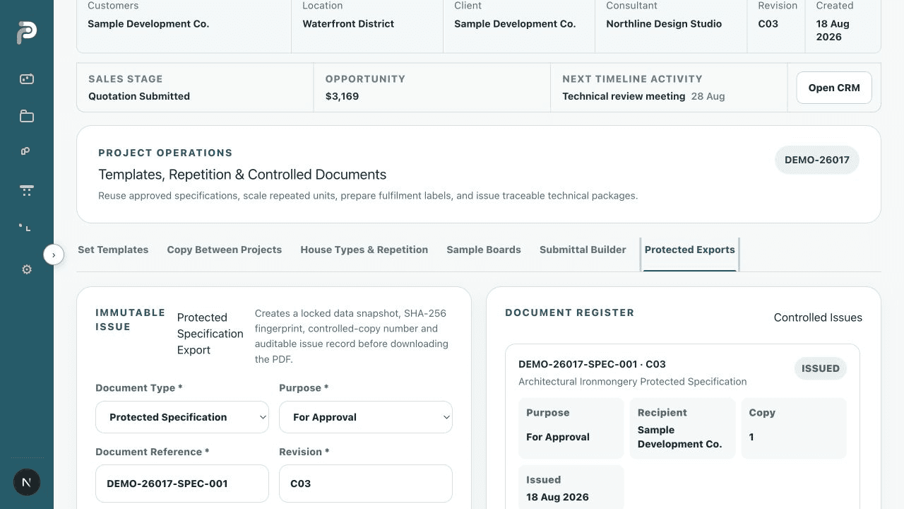 Sanitized RP Specs protected specification export and controlled issue register