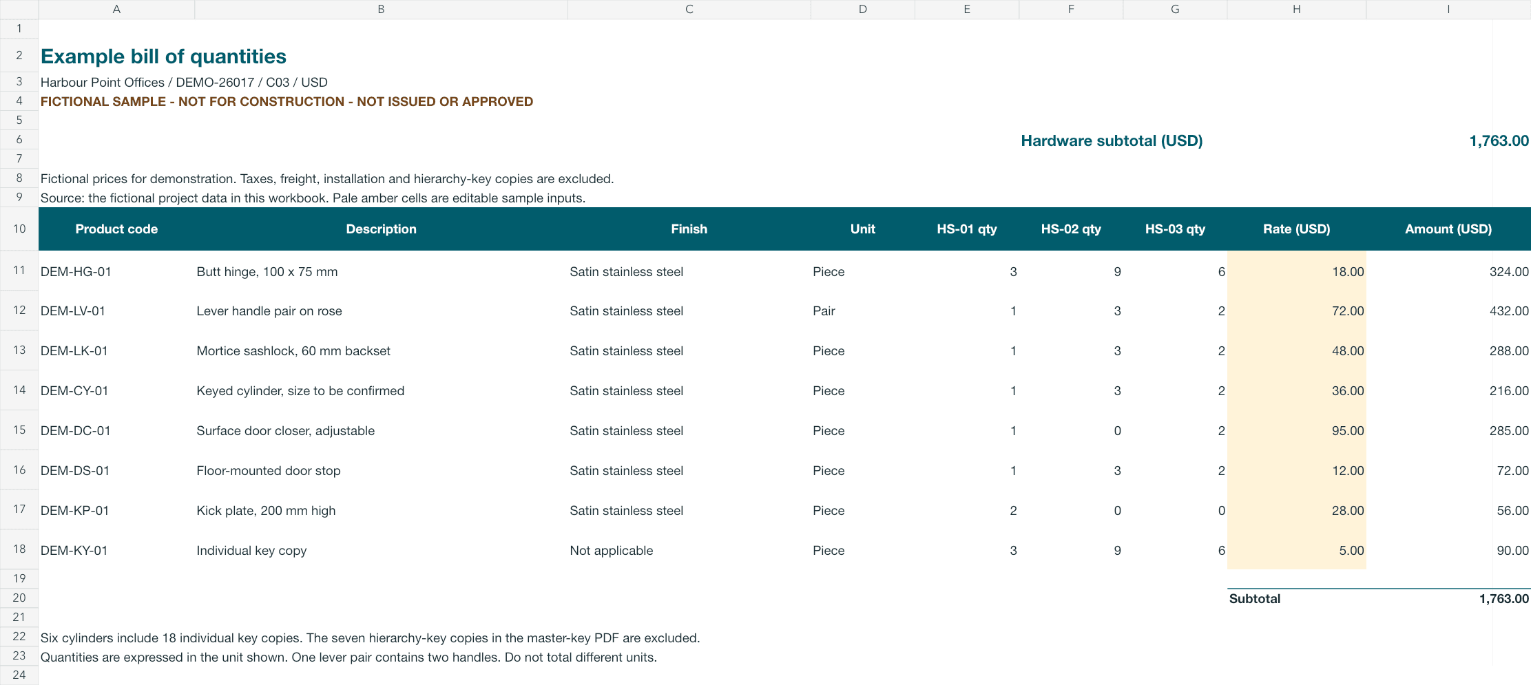 Preview of the fictional bill of quantities