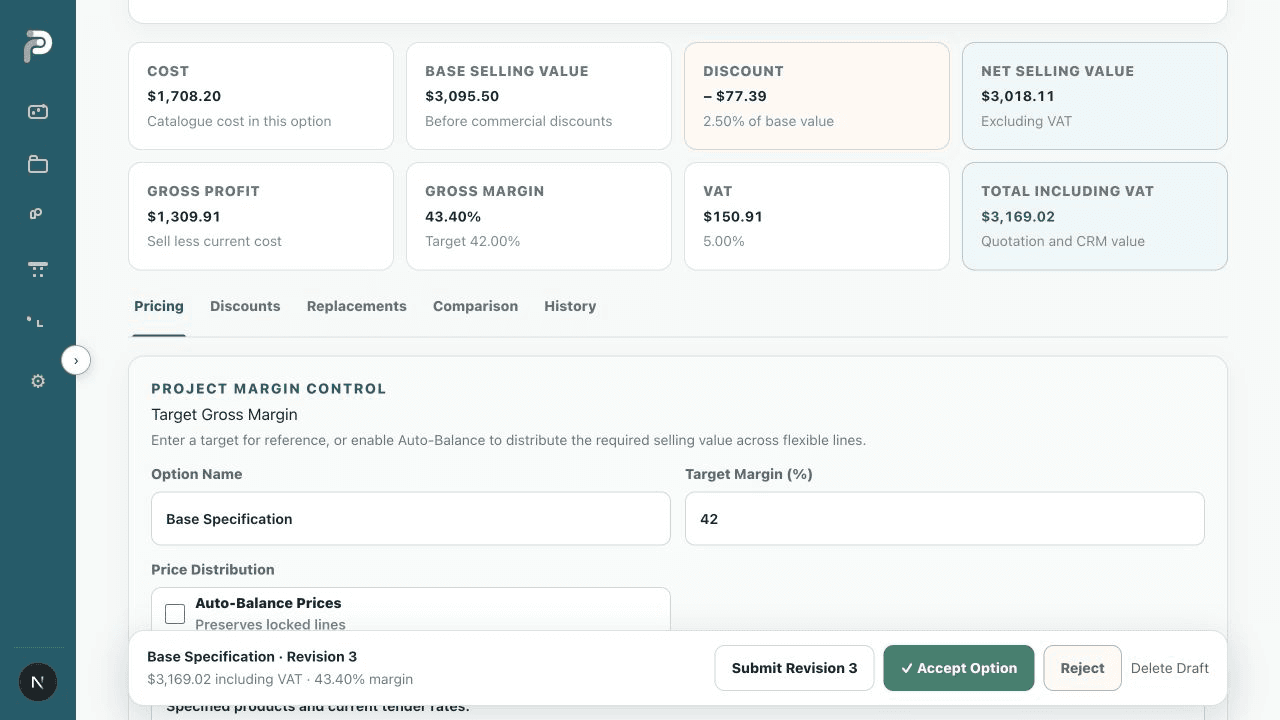 Sanitized RP Specs commercial options and USD pricing workspace