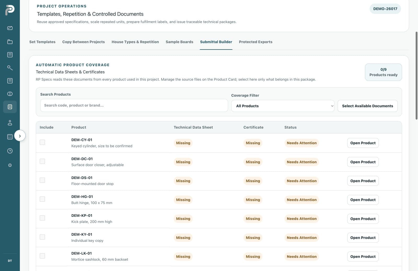 Current RP Specs Submittal Builder product document coverage view