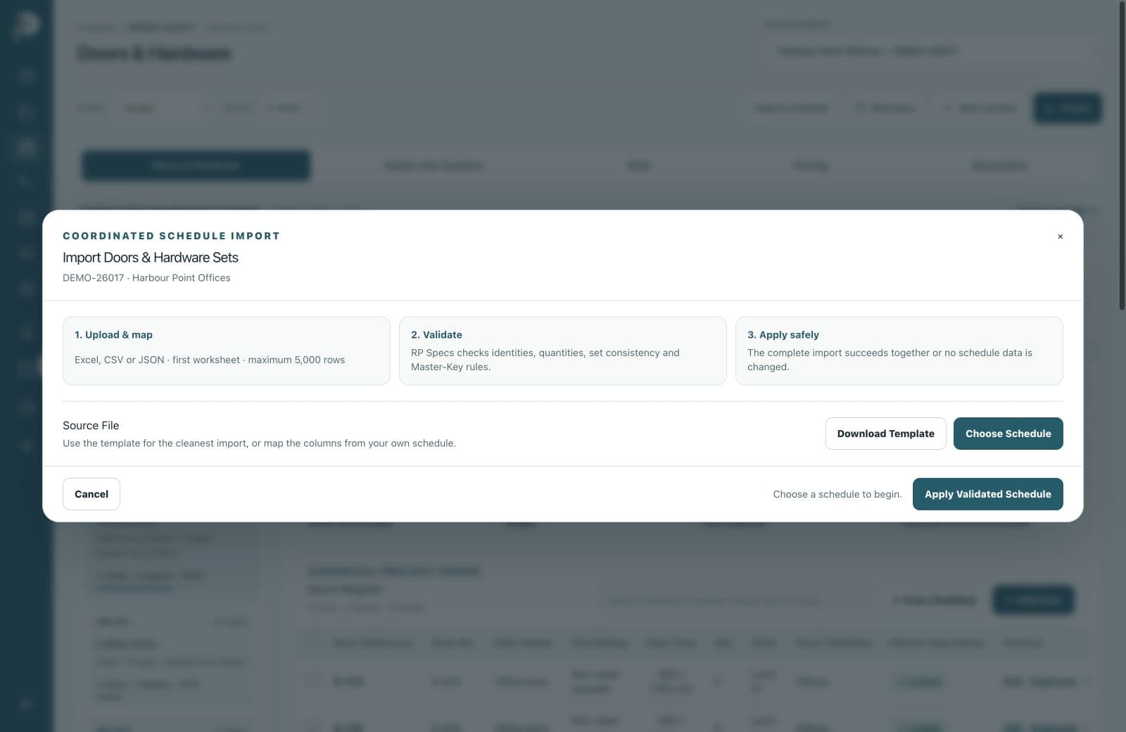 Current RP Specs schedule import dialog with Upload and map, Validate and Apply safely overview