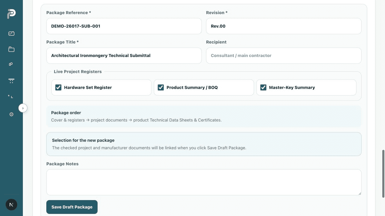 Sanitized RP Specs technical submittal package builder