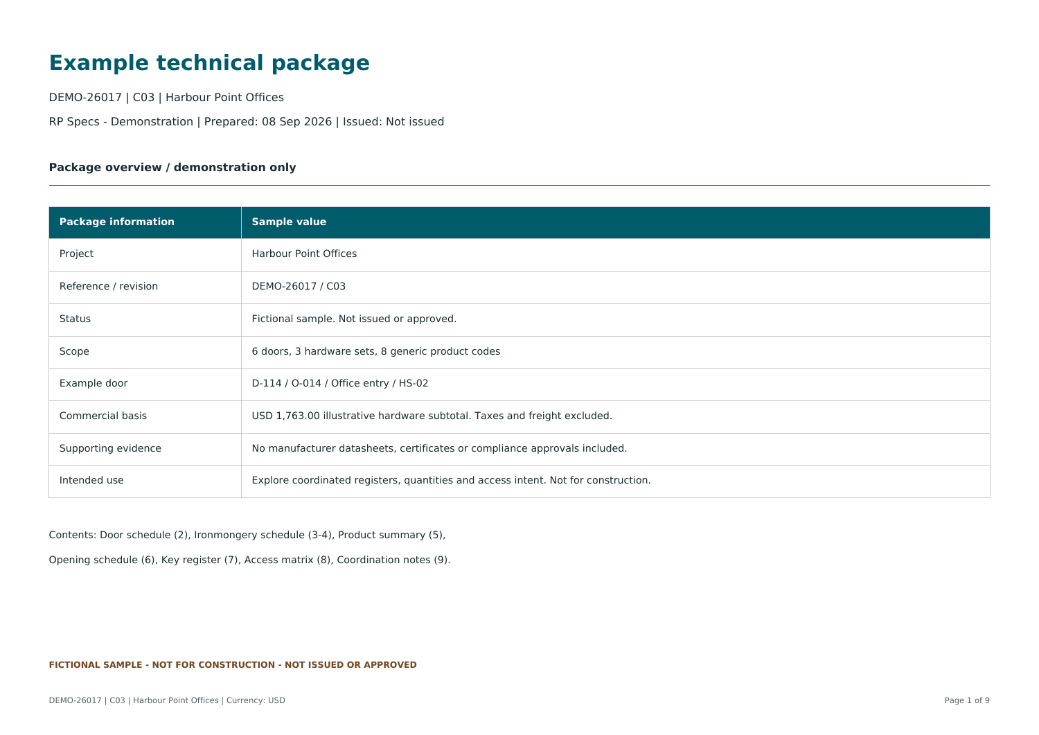 First-page preview of the fictional sample technical package